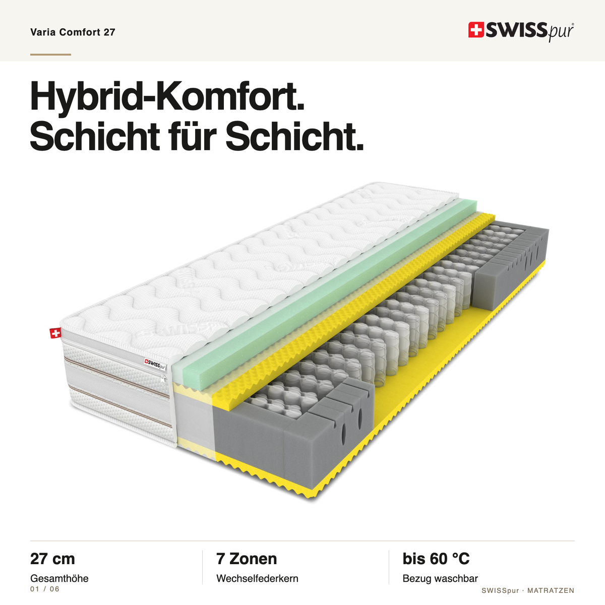 Varia Comfort 27 Hybrid Tonnen-Taschenfederkernmatratze SWISSpur