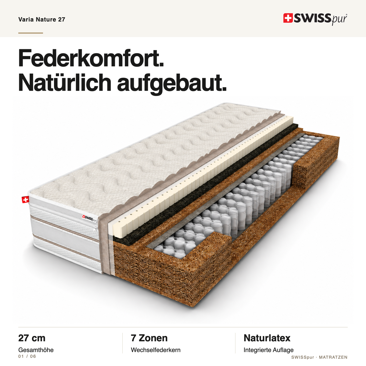 Varia Nature 27 7-Zonen Natur-Taschenfederkernmatratze SWISSpur
