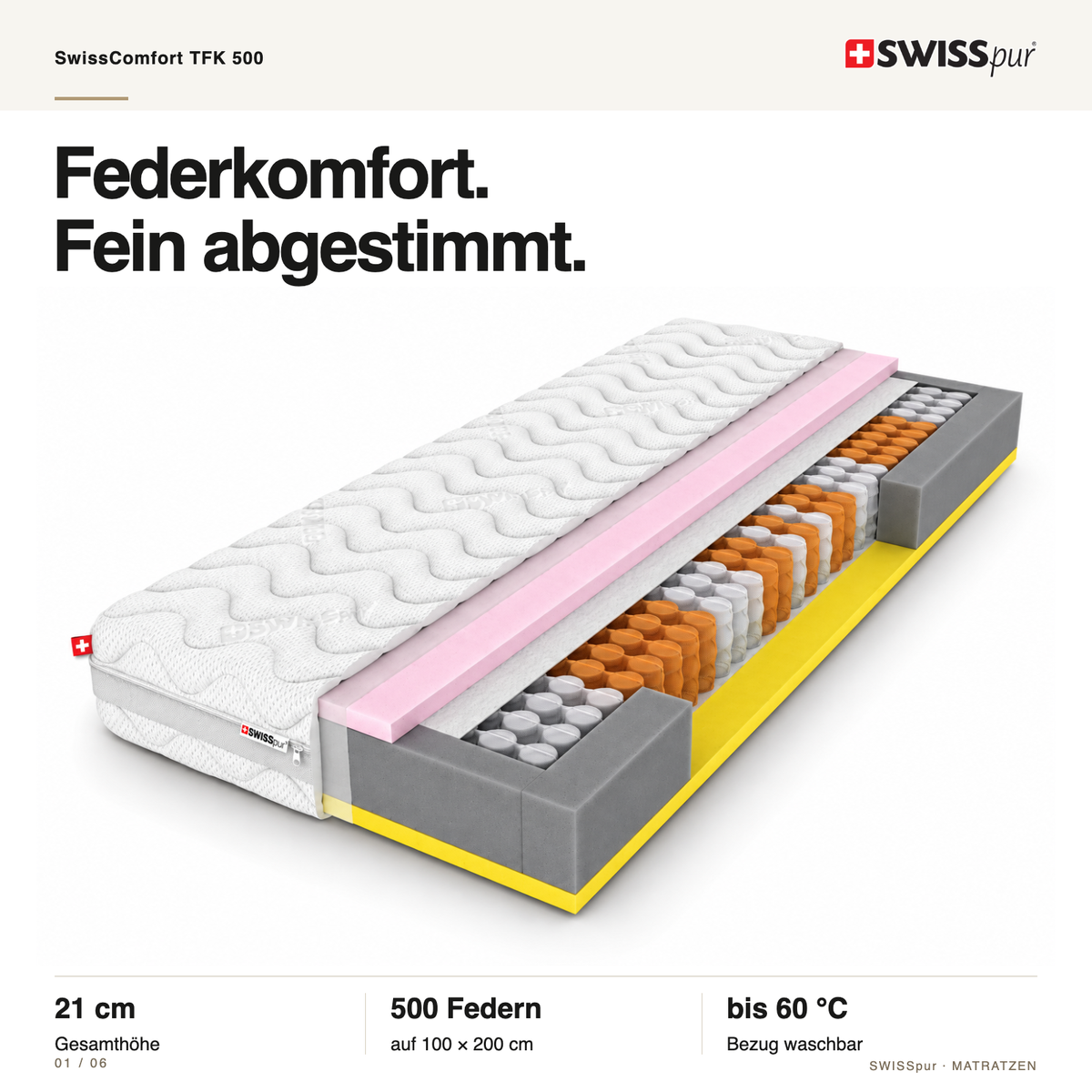 SwissComfort TFK 500 Tonnen-Taschenfederkernmatratze SWISSpur