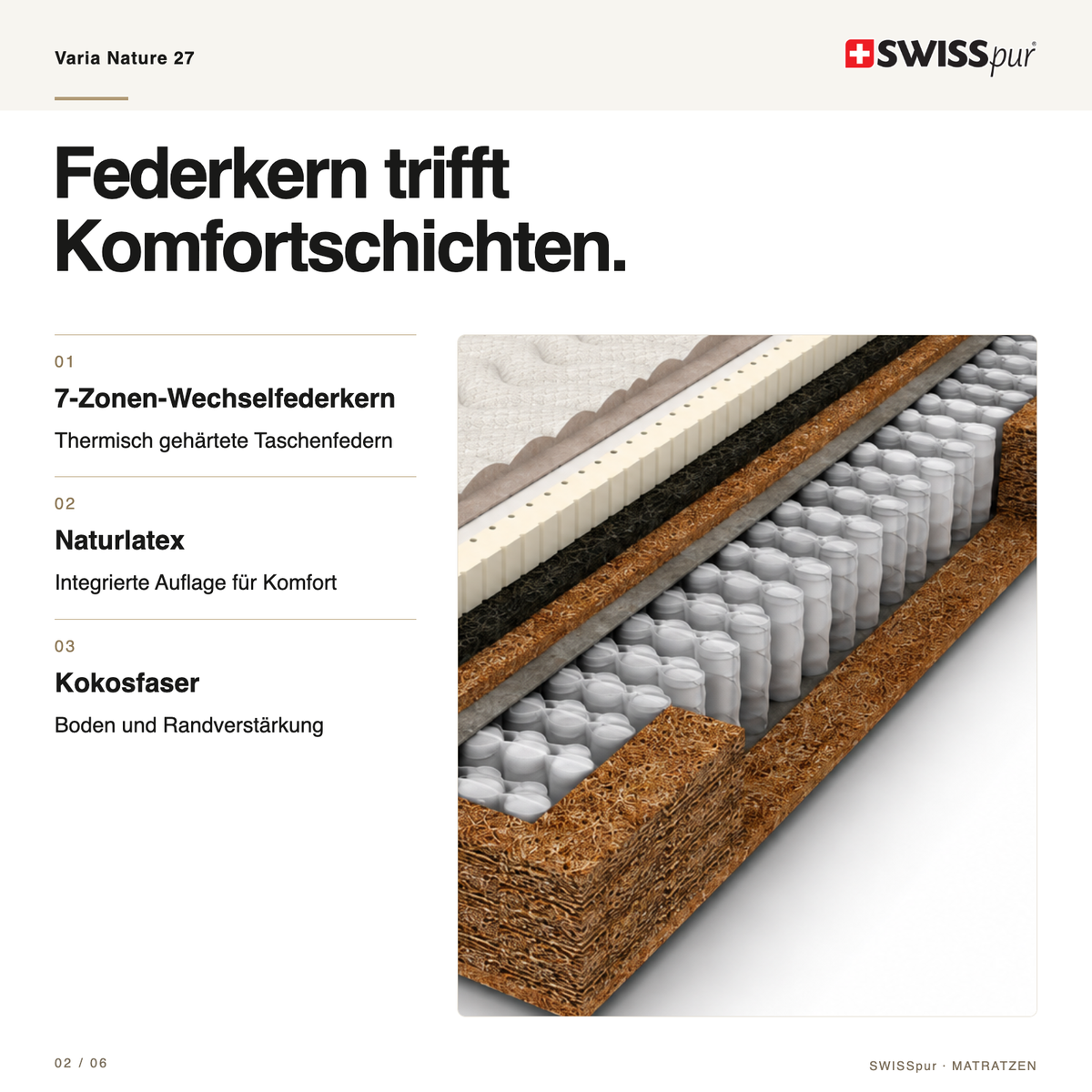 Varia Nature 27 7-Zonen Natur-Taschenfederkernmatratze SWISSpur
